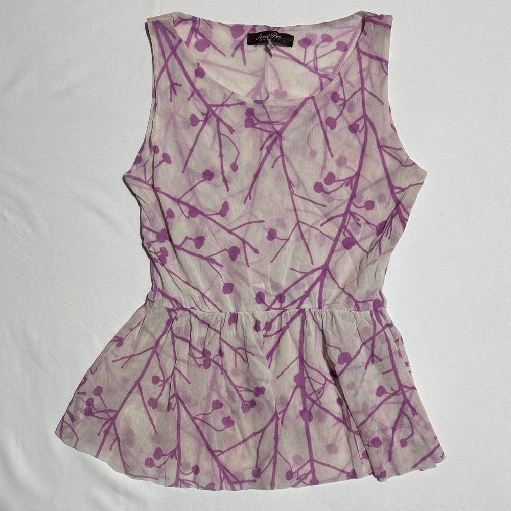 Sweet Pea Lavender Branch Print sheer mesh peplum blouse